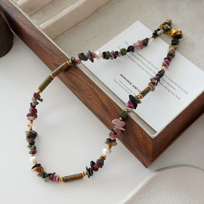 Natural stone and pearl bead necklace with brass thick gold-plated chain and alloy pendant, 40cm perimeter