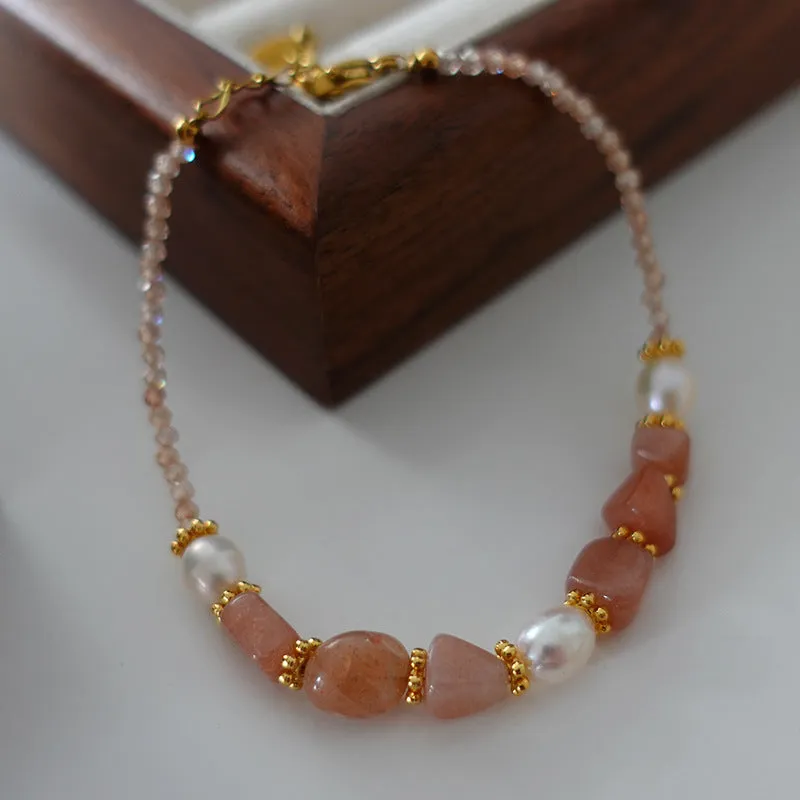 Natural stone and pearl bead necklace with brass thick gold-plated chain and alloy pendant, 40cm perimeter