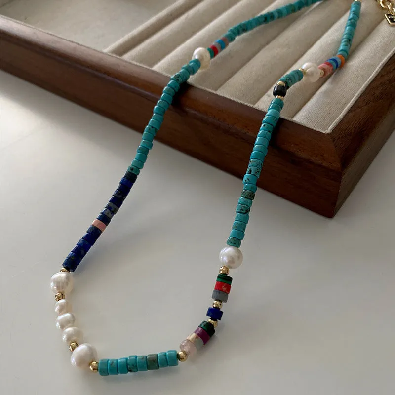 Natural stone and pearl bead necklace with brass thick gold-plated chain and alloy pendant, 40cm perimeter