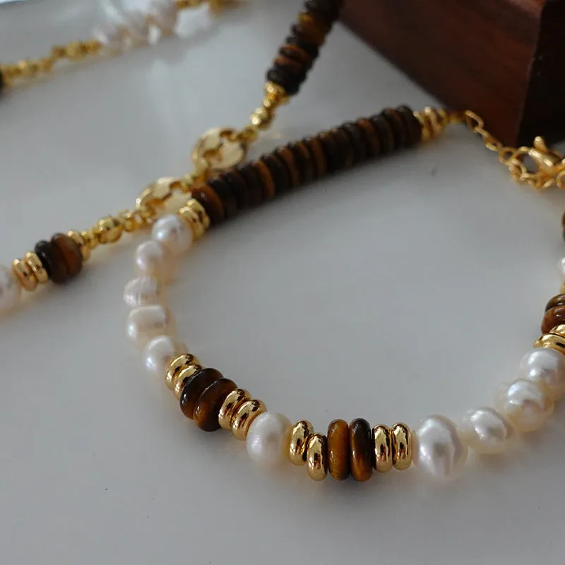 Natural stone and pearl bead necklace with brass thick gold-plated chain and alloy pendant, 40cm perimeter