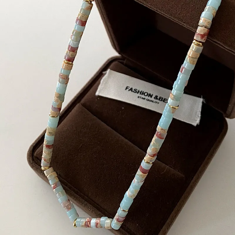 Natural stone and pearl bead necklace with brass thick gold-plated chain and alloy pendant, 40cm perimeter