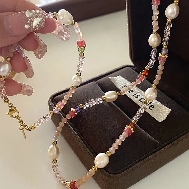 Natural stone and pearl bead necklace with brass thick gold-plated chain and alloy pendant, 40cm perimeter