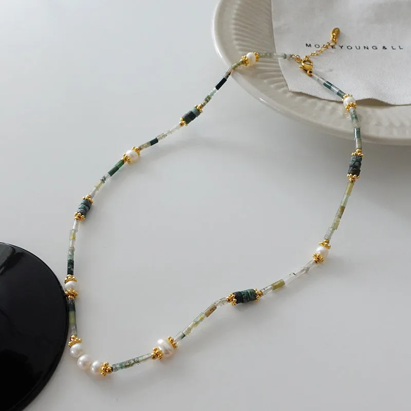 Natural stone and pearl bead necklace with brass thick gold-plated chain and alloy pendant, 40cm perimeter