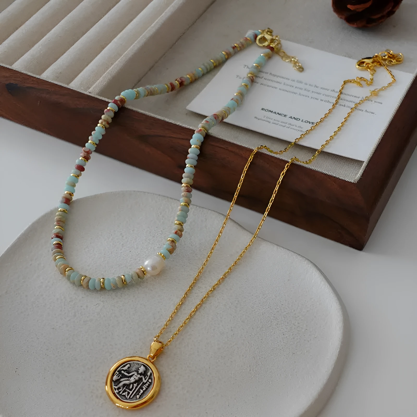 Natural stone and pearl bead necklace with brass thick gold-plated chain and alloy pendant, 40cm perimeter