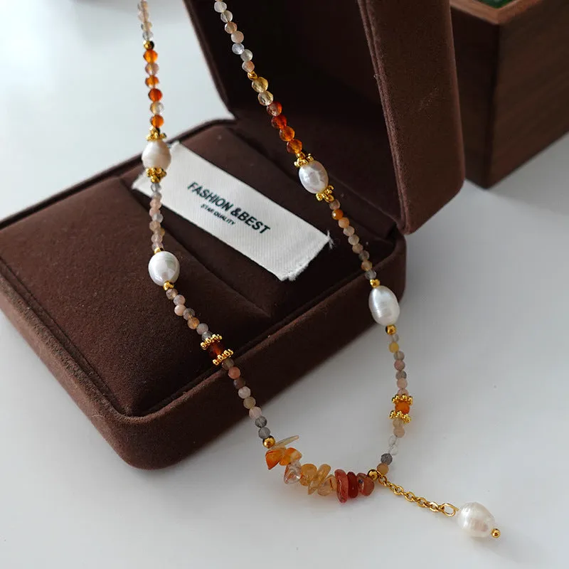 Natural stone and pearl bead necklace with brass thick gold-plated chain and alloy pendant, 40cm perimeter