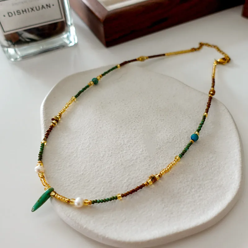 Natural stone and pearl bead necklace with brass thick gold-plated chain and alloy pendant, 40cm perimeter
