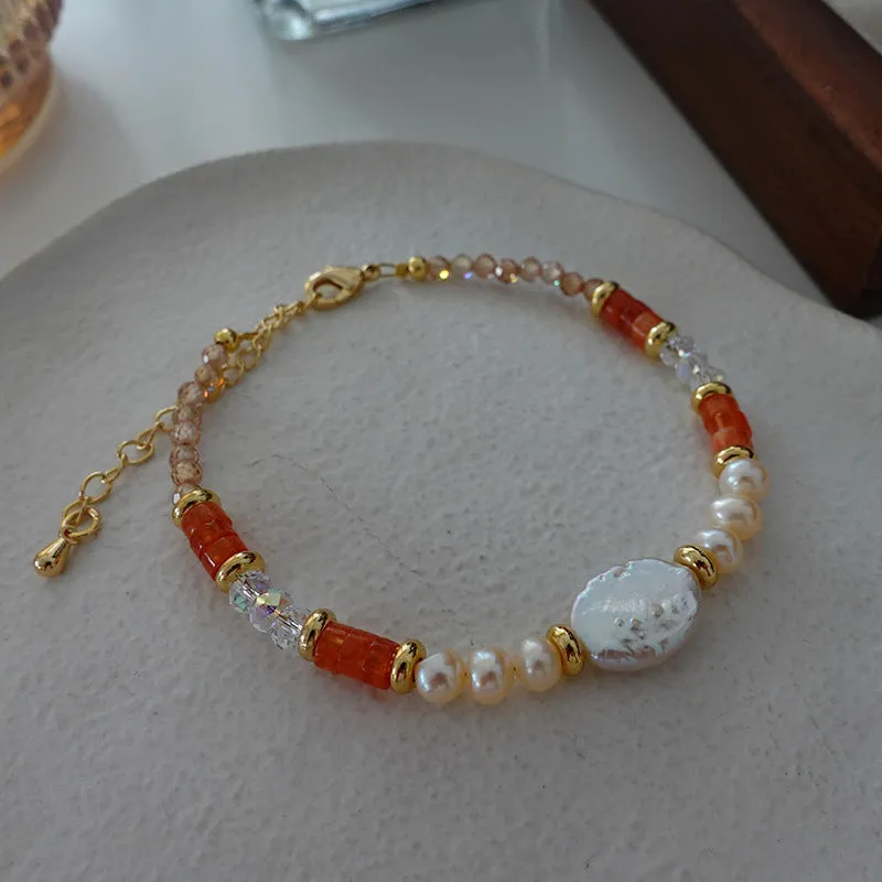 Natural stone and pearl bead necklace with brass thick gold-plated chain and alloy pendant, 40cm perimeter