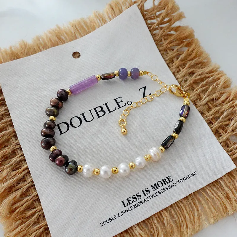 Natural stone and pearl bead necklace with brass thick gold-plated chain and alloy pendant, 40cm perimeter
