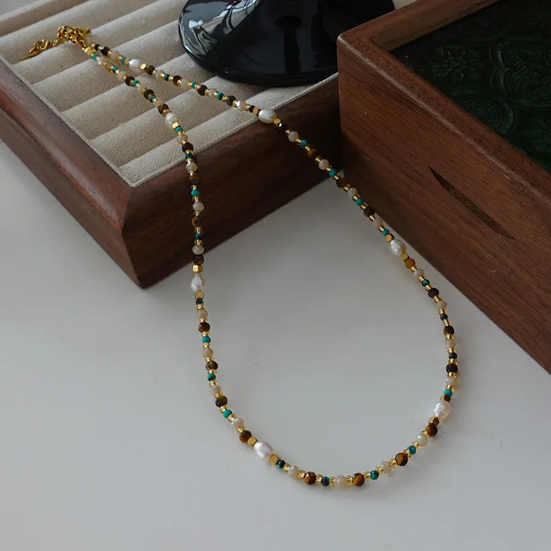 Natural stone and pearl bead necklace with brass thick gold-plated chain and alloy pendant, 40cm perimeter