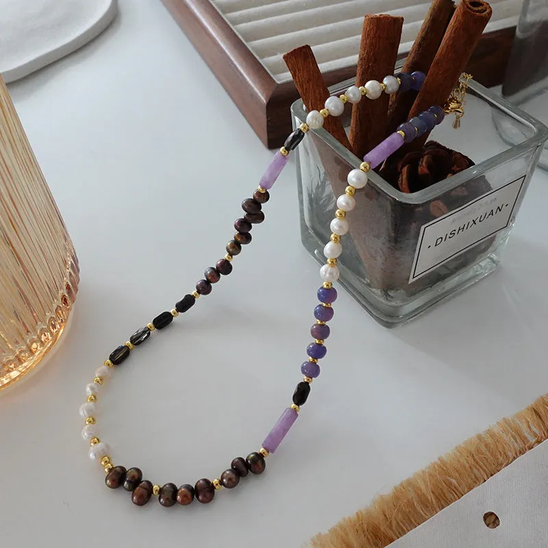 Natural stone and pearl bead necklace with brass thick gold-plated chain and alloy pendant, 40cm perimeter