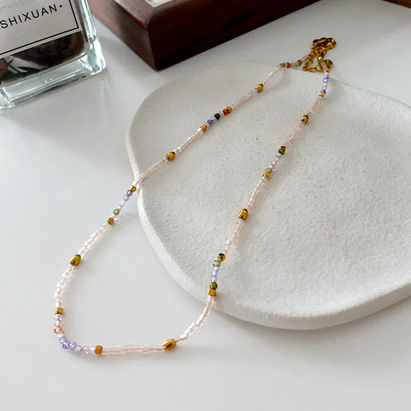 Natural stone and pearl bead necklace with brass thick gold-plated chain and alloy pendant, 40cm perimeter