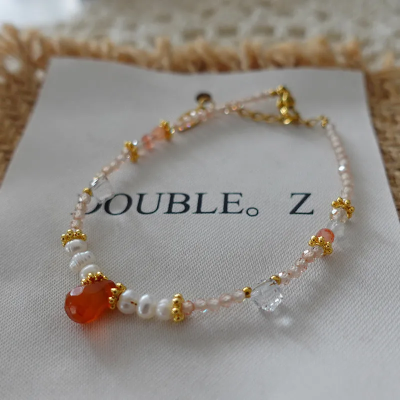Natural stone and pearl bead necklace with brass thick gold-plated chain and alloy pendant, 40cm perimeter