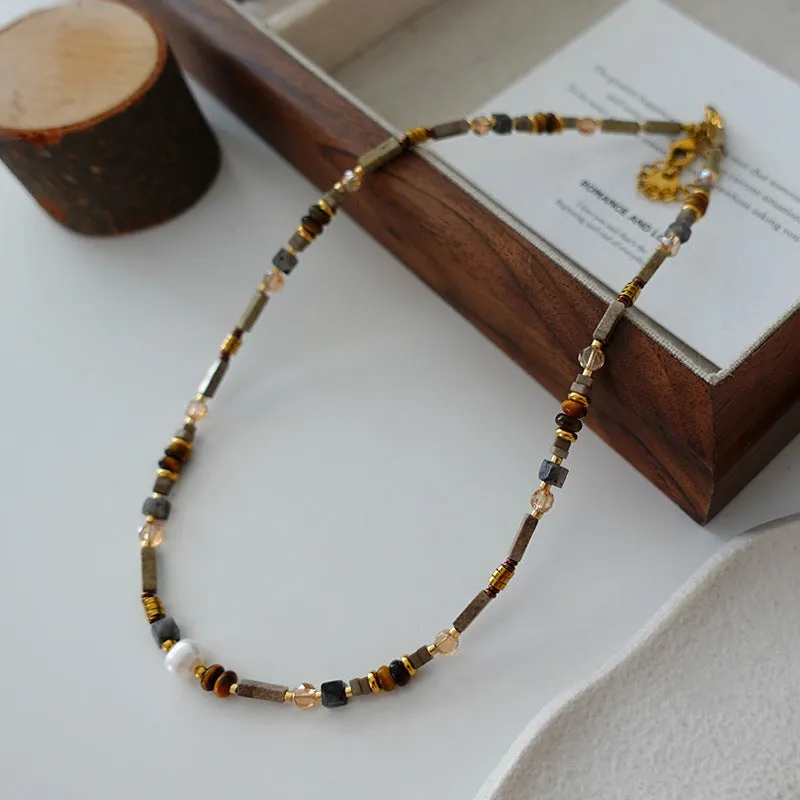 Natural stone and pearl bead necklace with brass thick gold-plated chain and alloy pendant, 40cm perimeter