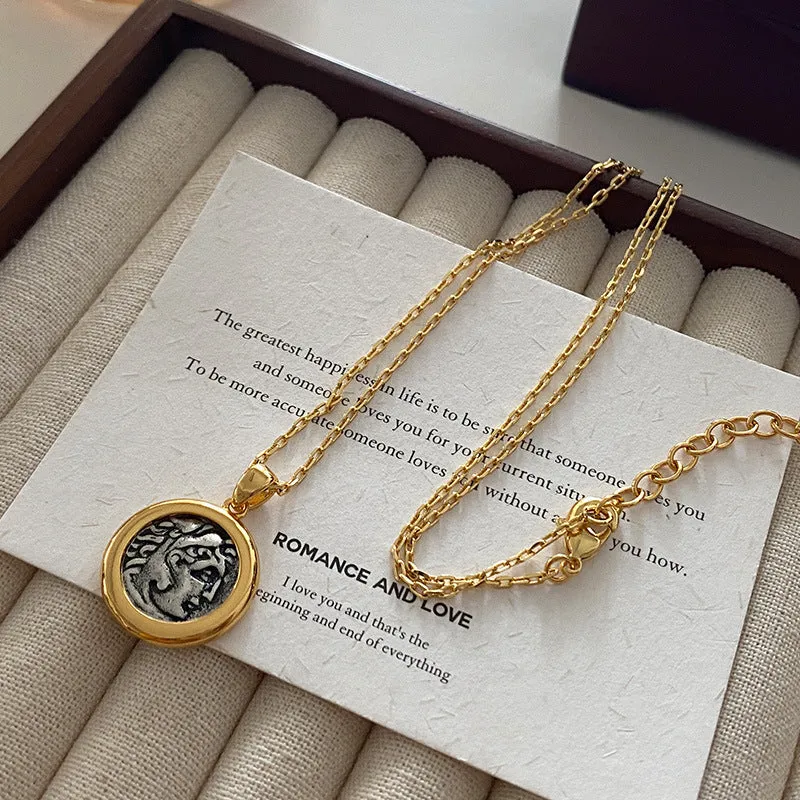 Natural stone and pearl bead necklace with brass thick gold-plated chain and alloy pendant, 40cm perimeter