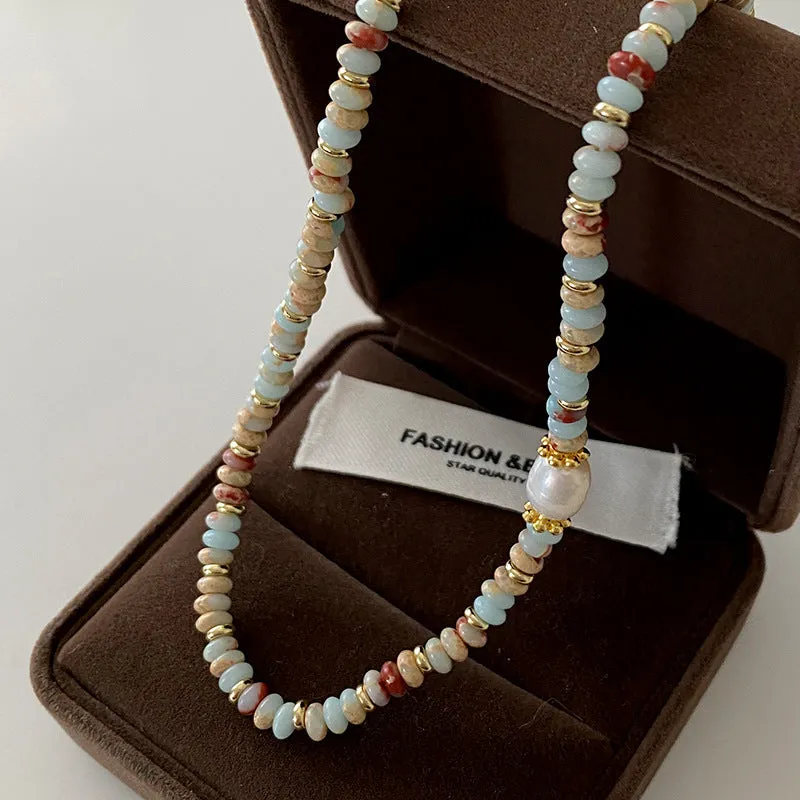 Natural stone and pearl bead necklace with brass thick gold-plated chain and alloy pendant, 40cm perimeter