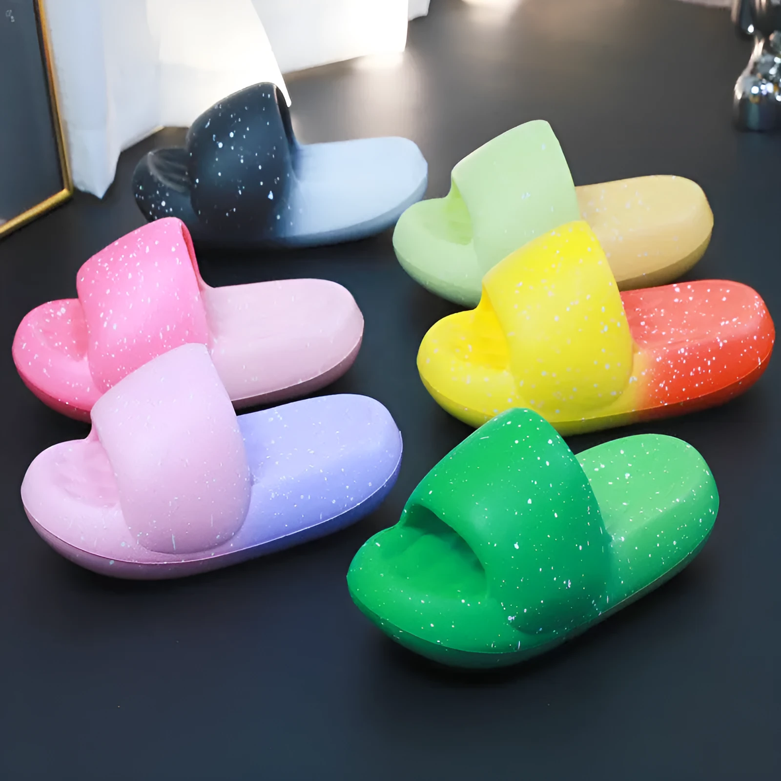 Women's mute toe ring slippers in starry sky colourway with thickened EVA sole and 5cm heel