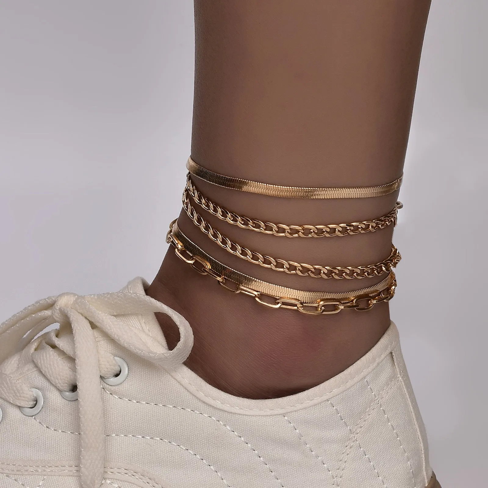 Women's multi-layer metal chain anklet set gold and silver 5 pieces 22cm length