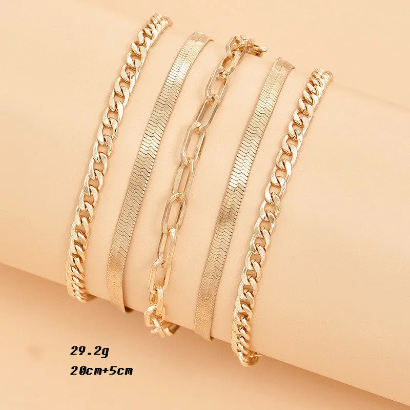 Women's multi-layer metal chain anklet set gold and silver 5 pieces 22cm length