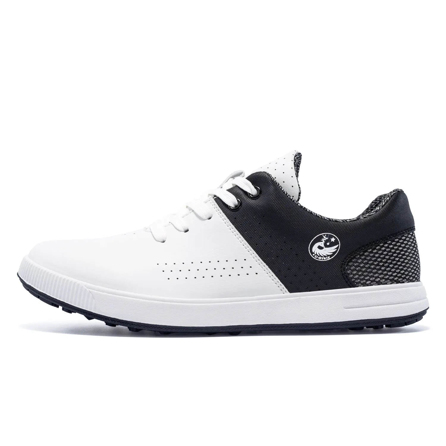 Waterproof non-slip breathable outdoor sneakers with genuine leather upper and natural rubber outsole, white and black-and-white colours, low-top