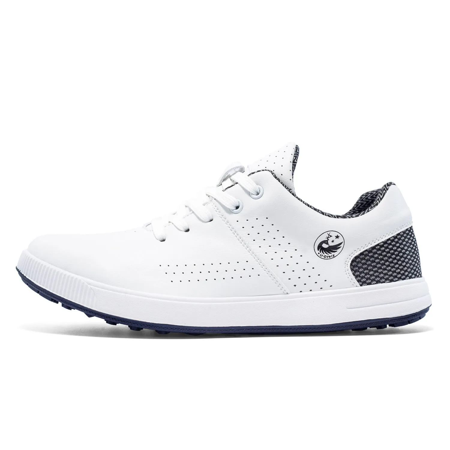 Waterproof non-slip breathable outdoor sneakers with genuine leather upper and natural rubber outsole, white and black-and-white colours, low-top