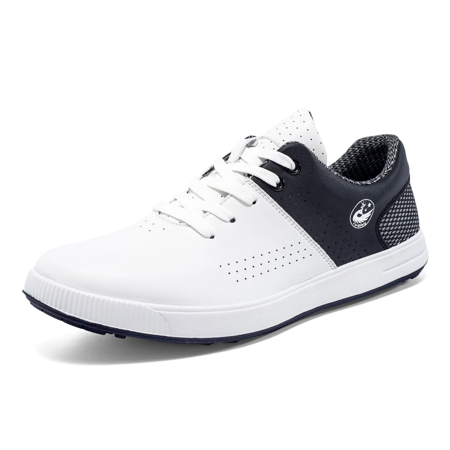 Waterproof non-slip breathable outdoor sneakers with genuine leather upper and natural rubber outsole, white and black-and-white colours, low-top