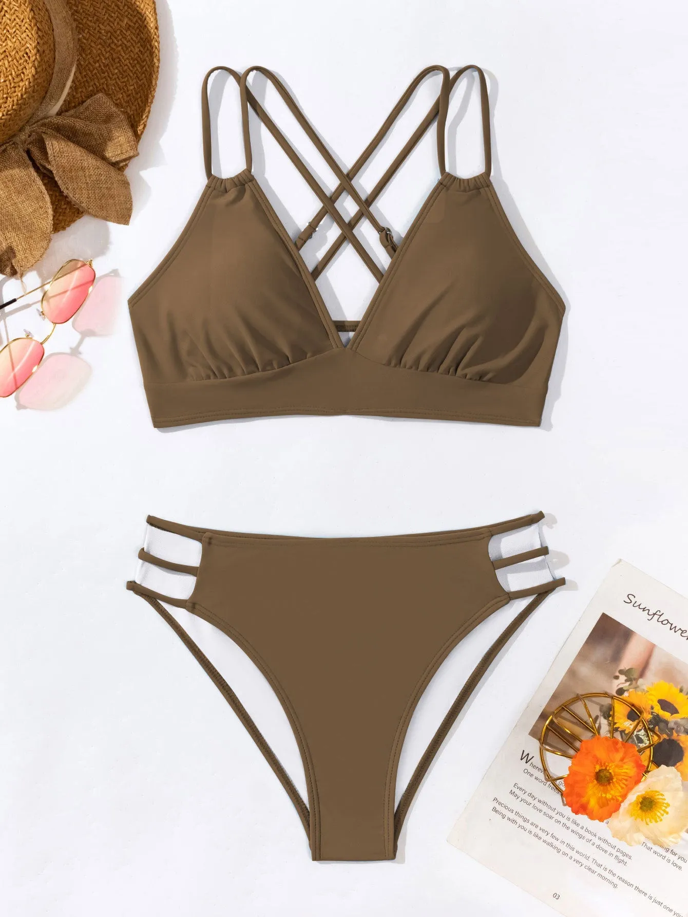 Women's V-neck halter bikini swimsuit in nylon fabric with bra and shorts