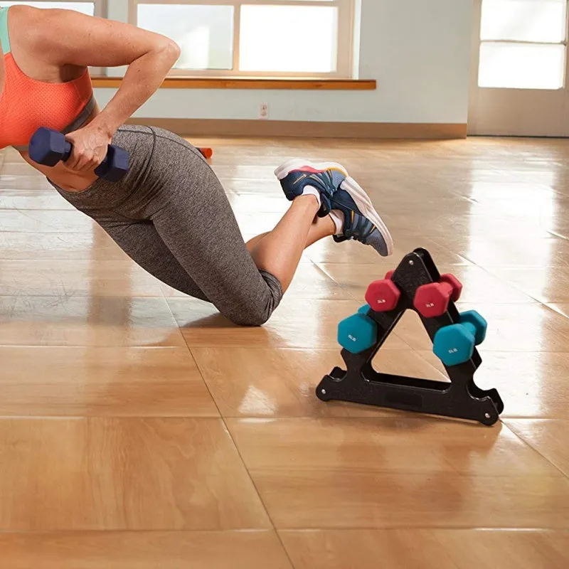 Dumbbell bracket wall mount with triangle and leaf shapes, 12x11 inches, for pairs of dumbbells up to 10 pounds.