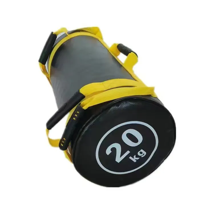 Flat white PVC fitness training sandbag for weight lifting in various sizes from 5kg to 30kg.