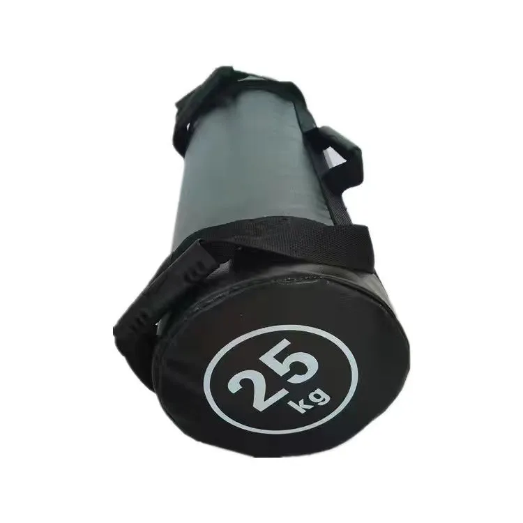 Flat white PVC fitness training sandbag for weight lifting in various sizes from 5kg to 30kg.