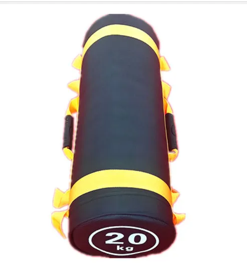 Flat white PVC fitness training sandbag for weight lifting in various sizes from 5kg to 30kg.