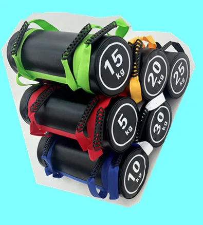 Flat white PVC fitness training sandbag for weight lifting in various sizes from 5kg to 30kg.