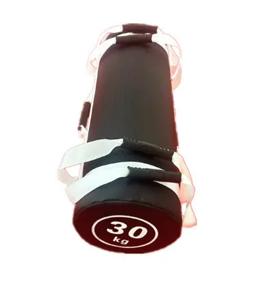 Flat white PVC fitness training sandbag for weight lifting in various sizes from 5kg to 30kg.