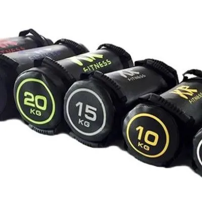 Flat white PVC fitness training sandbag for weight lifting in various sizes from 5kg to 30kg.