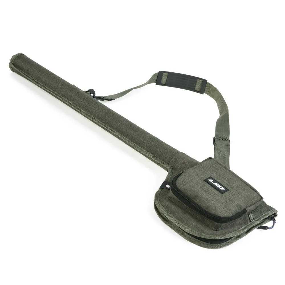 Green canvas fishing rod bag 81cm long lying flat on a surface showing the fabric texture and stitching