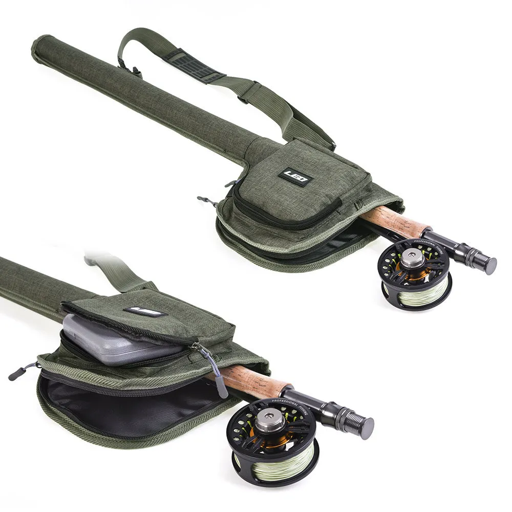 Green canvas fishing rod bag 81cm long lying flat on a surface showing the fabric texture and stitching