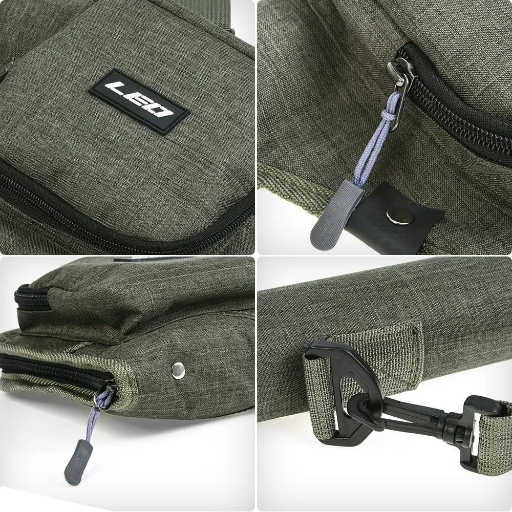 Green canvas fishing rod bag 81cm long lying flat on a surface showing the fabric texture and stitching
