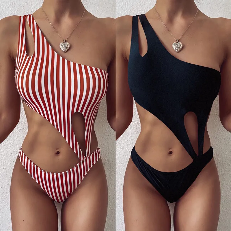 Women's one-piece nylon swimsuit in black and stripe patterns, sizes S M L for swimming and wading
