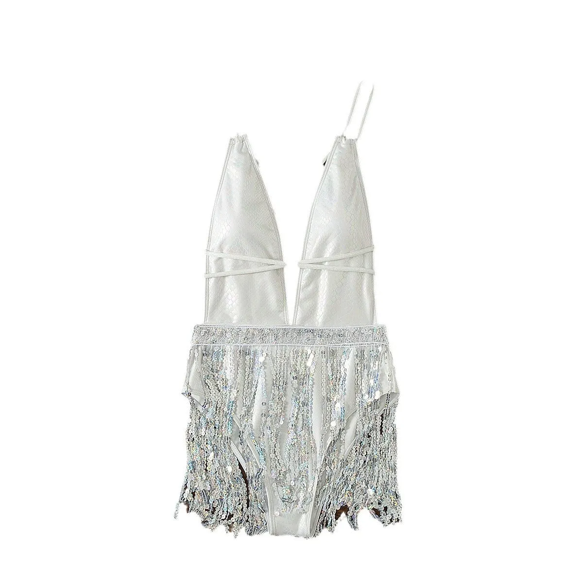 White women's one-piece swimsuit with deep V-neck and tassel details