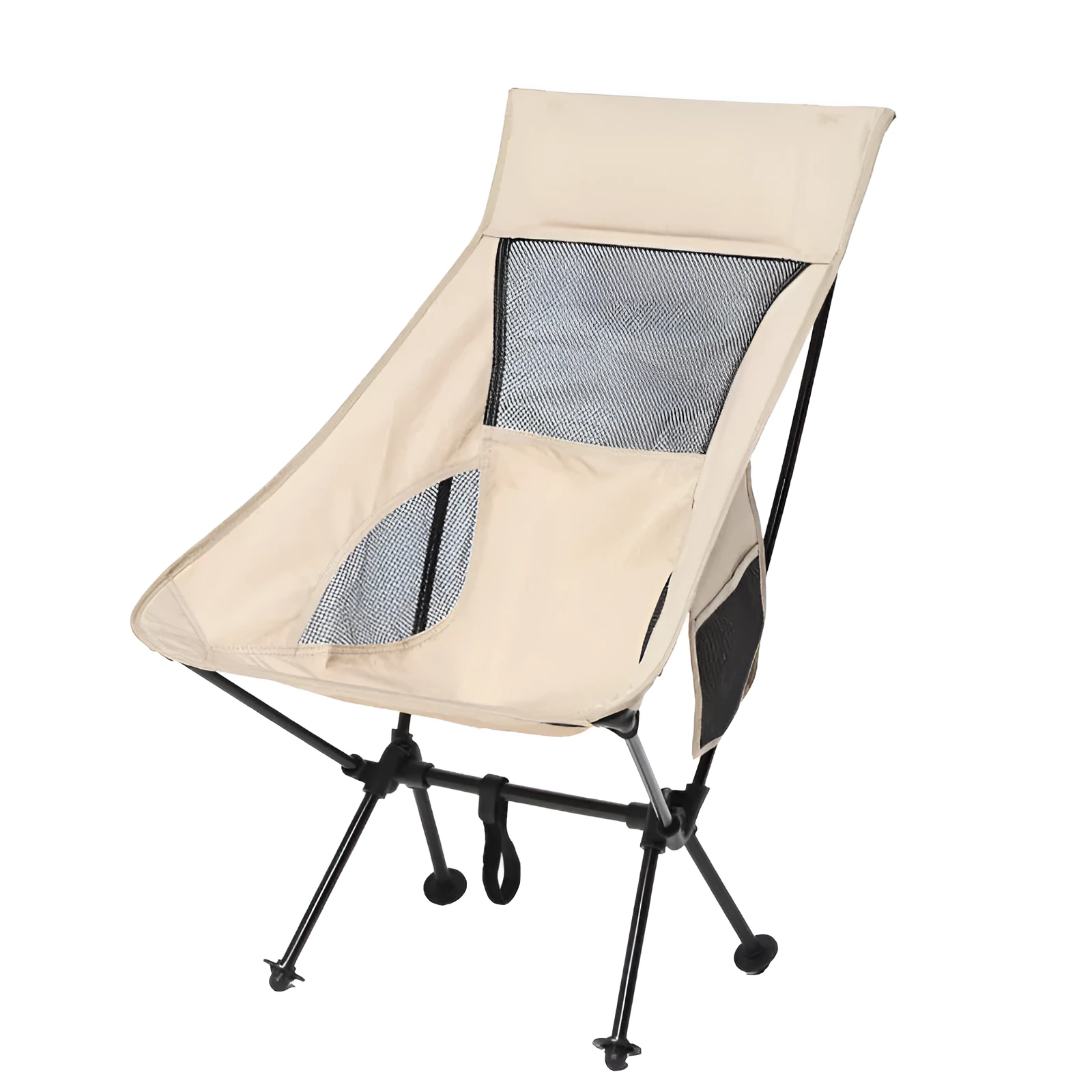 Beige outdoor folding chair with aluminium alloy frame and Oxford cloth seat, folded for portability.