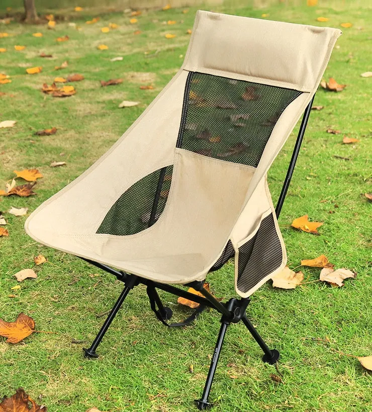Beige outdoor folding chair with aluminium alloy frame and Oxford cloth seat, folded for portability.