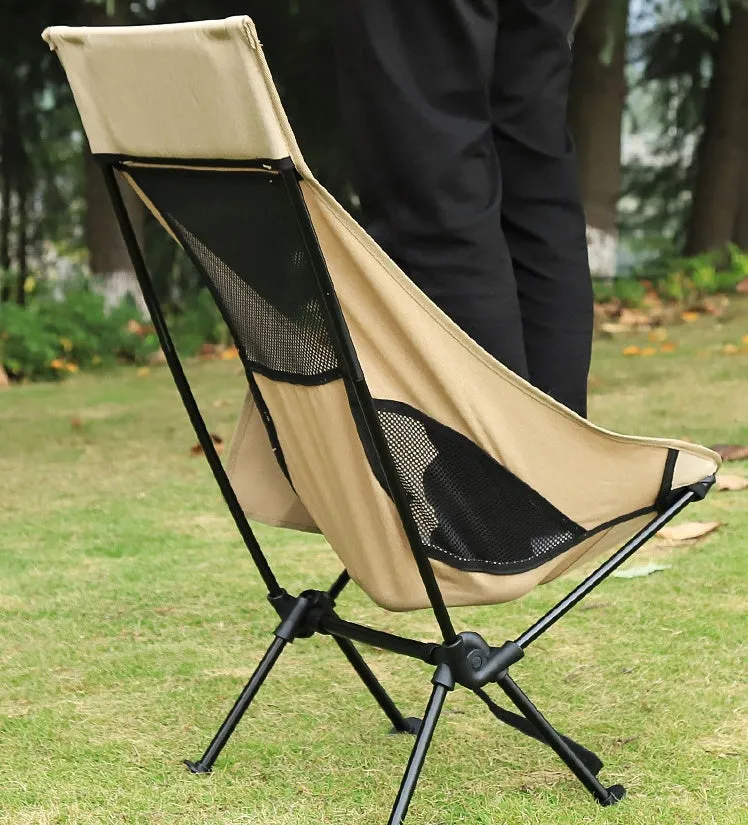 Beige outdoor folding chair with aluminium alloy frame and Oxford cloth seat, folded for portability.