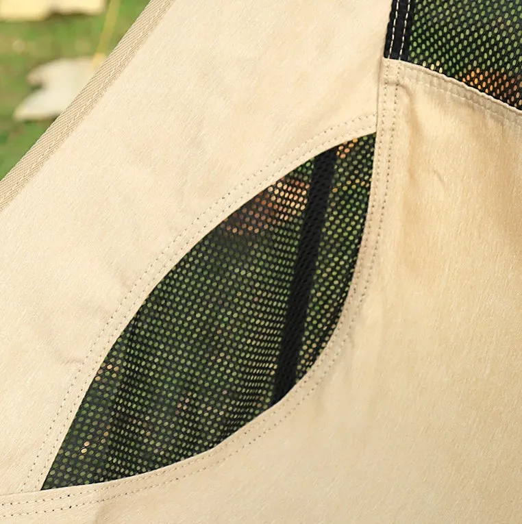Beige outdoor folding chair with aluminium alloy frame and Oxford cloth seat, folded for portability.