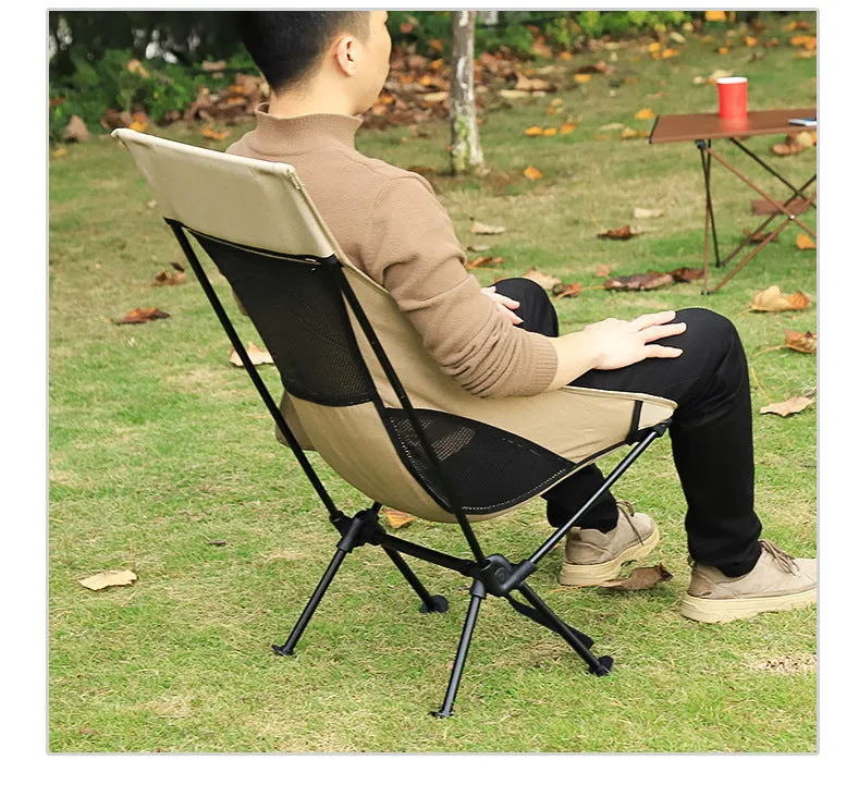Beige outdoor folding chair with aluminium alloy frame and Oxford cloth seat, folded for portability.