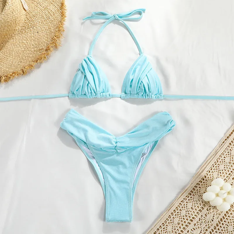 Women's solid colour pleated bikini set with chest pad in nylon, available in black, blue, green, orange, pink, and yellow