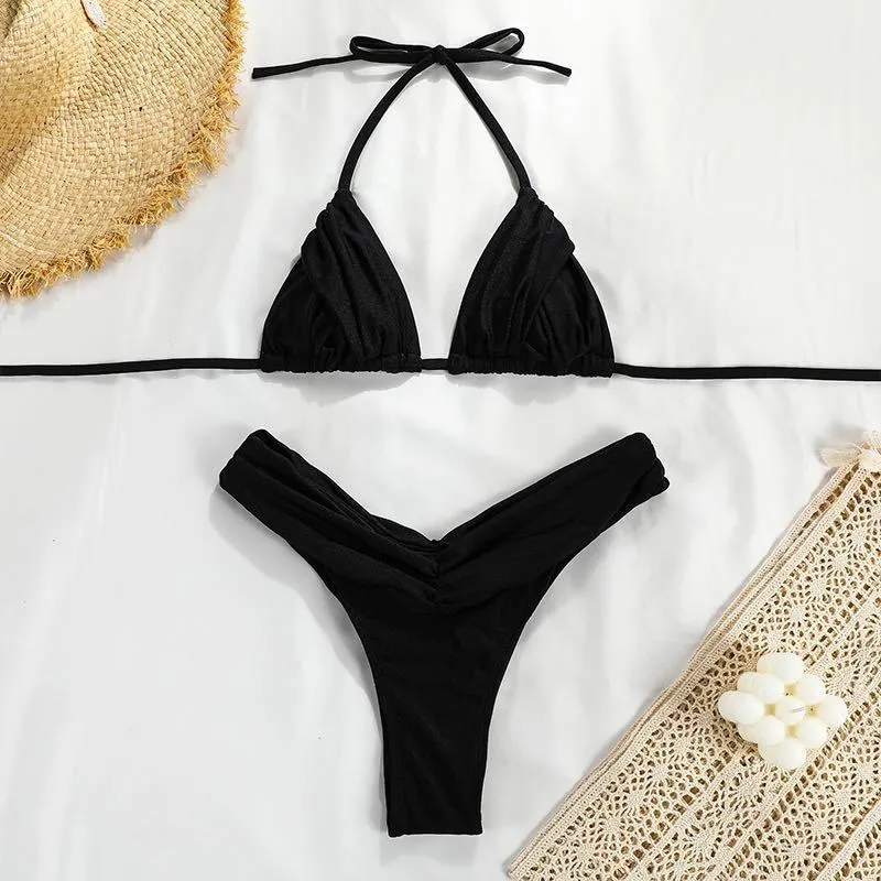 Women's solid colour pleated bikini set with chest pad in nylon, available in black, blue, green, orange, pink, and yellow