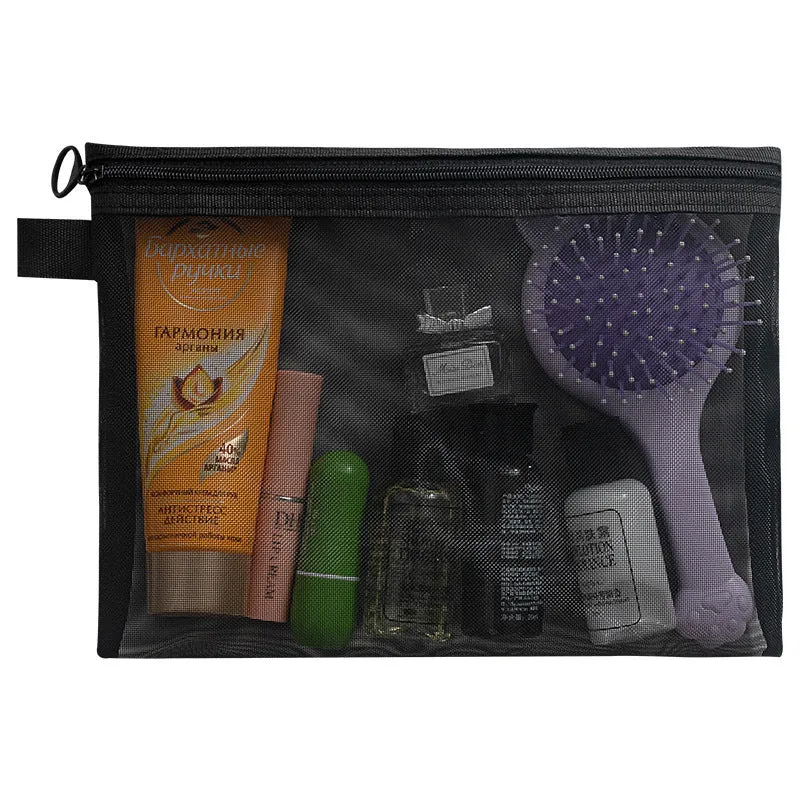 Transparent mesh nylon gauze cosmetics storage bag with zipper closure, available in multiple sizes