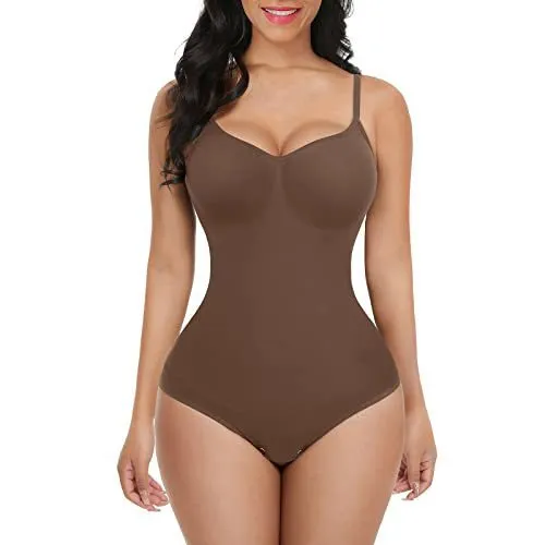 Plus size women's stretch nylon hip lift belly control sling body shaper in black, shown front view