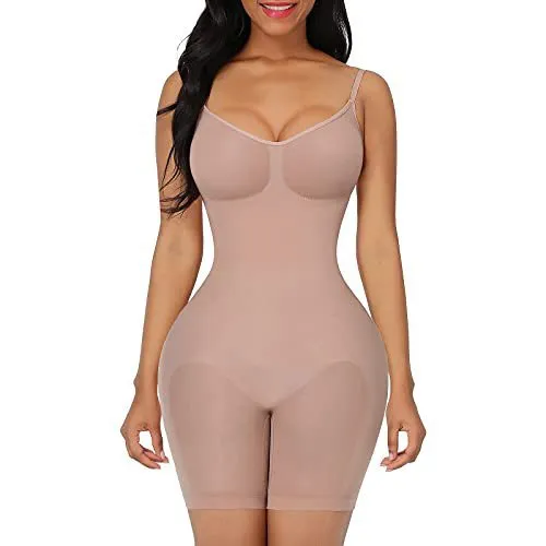 Plus size women's stretch nylon hip lift belly control sling body shaper in black, shown front view