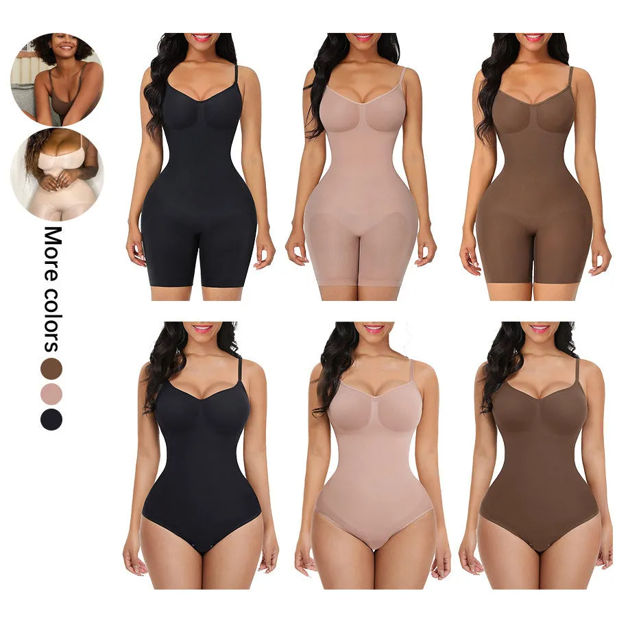 Plus size women's stretch nylon hip lift belly control sling body shaper in black, shown front view