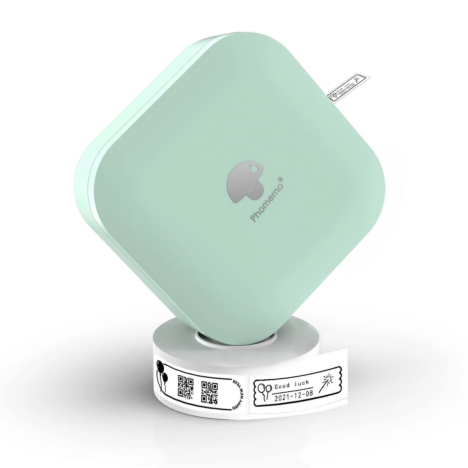 Q30 thermal mini label printer in green, compact size 82x82x32mm, with self-adhesive paper roll on white background